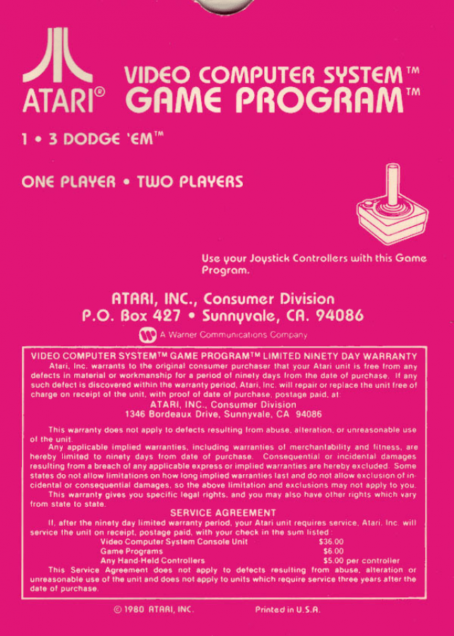 Dodge Em text label back cover art for Atari 2600 video game