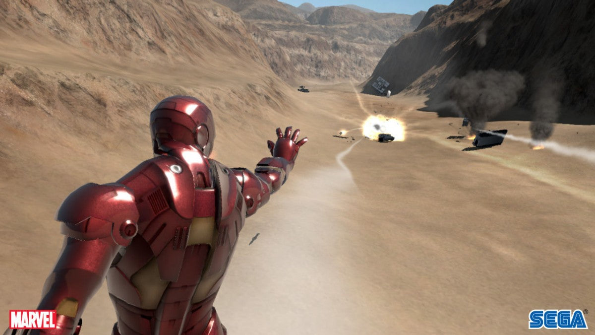 Iron Man PS2 Sony PlayStation 2 action game superhero Marvel Iron Man armored suit combat flight and ground missions third person shooter jet repulsor blasts Tony Stark storyline movie tie in gameplay retro gaming PlayStation 2 software video game title gameplay