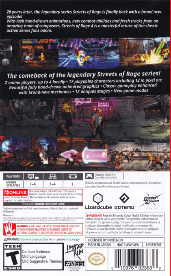 Streets of Rage 4 back of box for Nintendo Switch NS fighting video game   