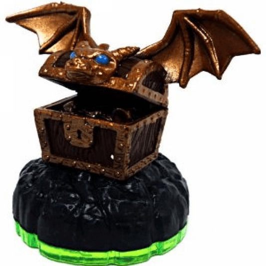 Hidden Treasure Skylanders Spyro’s Adventure magic item figure, golden treasure chest with glowing details on portal base, unlocks bonus in-game content, detailed collectible accessory from Skylanders Spyro’s Adventure series