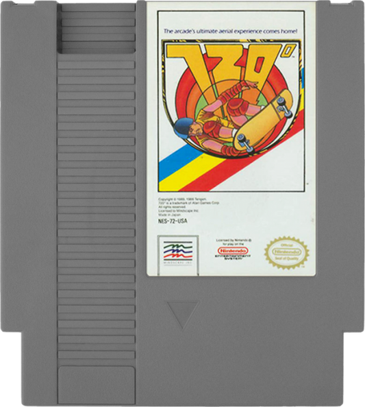 720° cartridge for the Nintendo Entertainment System featuring 8 bit skateboarding action with tricks ramps and high score challenges across urban skate parks cartridge