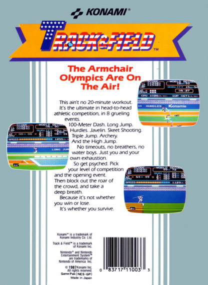 Track and Field back of box for Nintendo Entertainment System (NES) retro video game
