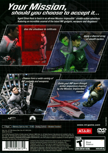Mission Impossible Operation Surma PS2 Sony PlayStation 2 stealth action game espionage infiltration missions Tom Cruise inspired spy gameplay gadgets hacking stealth combat third person perspective tactical objectives retro gaming PlayStation 2 software video game title back cover art