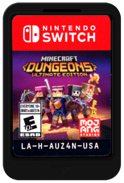 Minecraft Dungeons Ultimate Edition Nintendo Switch NS video game featuring action role playing dungeon crawler gameplay Minecraft inspired environments enemy battles weapon upgrades loot collecting character customization cooperative multiplayer and challenging dungeon adventures cartridge art