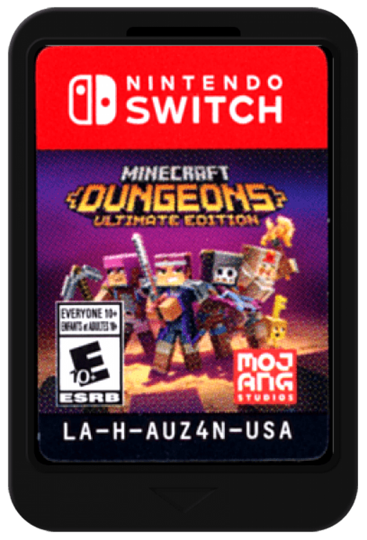 Minecraft Dungeons Ultimate Edition Nintendo Switch NS video game featuring action role playing dungeon crawler gameplay Minecraft inspired environments enemy battles weapon upgrades loot collecting character customization cooperative multiplayer and challenging dungeon adventures cartridge art