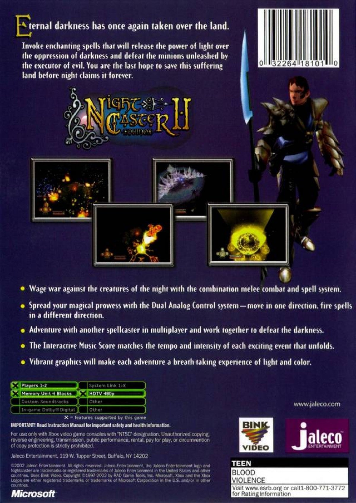 Nightcaster II Defeat the Darkness Xbox game featuring action RPG gameplay, cooperative spellcasting combat, and dark fantasy dungeon exploration back cover art