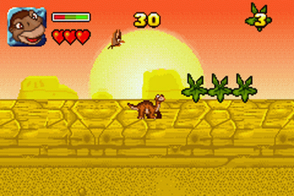 The Land Before Time Collection for Game Boy Advance, gameplay for a retro video game featuring side-scrolling platforming gameplay, character-based adventures, family-friendly challenges, and movie-inspired prehistoric action