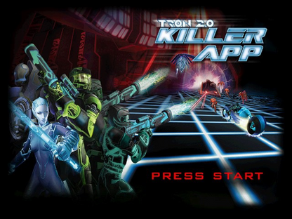TRON 2.0 Killer App retro Xbox video game TRON futuristic sci fi action shooter cyber combat digital world light cycle battles first person gameplay console title Xbox release title screen