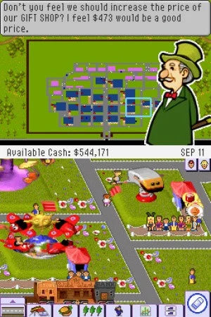Theme Park Nintendo DS video game, simulation and management, amusement park building and strategy, handheld console title gameplay screenshot