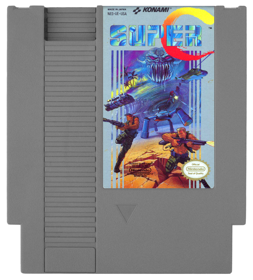 Super C cartridge for the Nintendo Entertainment System featuring fast paced 8 bit run and gun action with intense shooting gameplay as commandos battle alien forces across side scrolling and overhead stages cartridge