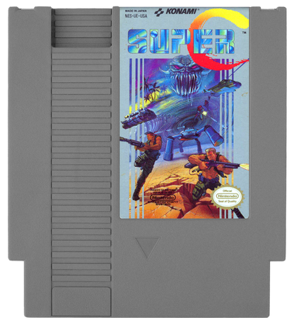 Super C cartridge for the Nintendo Entertainment System featuring fast paced 8 bit run and gun action with intense shooting gameplay as commandos battle alien forces across side scrolling and overhead stages cartridge