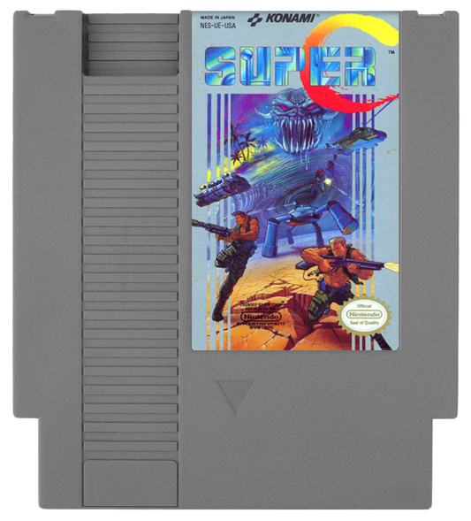 Super C cartridge for the Nintendo Entertainment System featuring fast paced 8 bit run and gun action with intense shooting gameplay as commandos battle alien forces across side scrolling and overhead stages cartridge