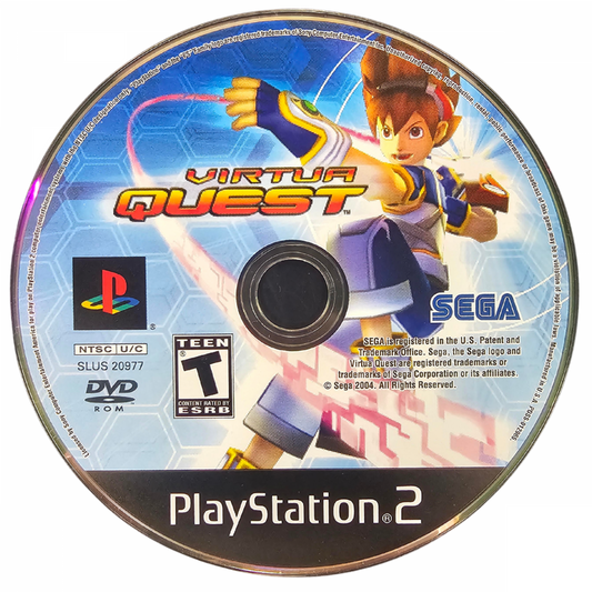 Virtua Quest PlayStation 2 PS2 for action adventure video game fans featuring hack and slash combat futuristic virtual world exploration action role playing gameplay character upgrades challenging enemies Sega arcade inspired adventure immersive storytelling collectible gaming appeal game disc
