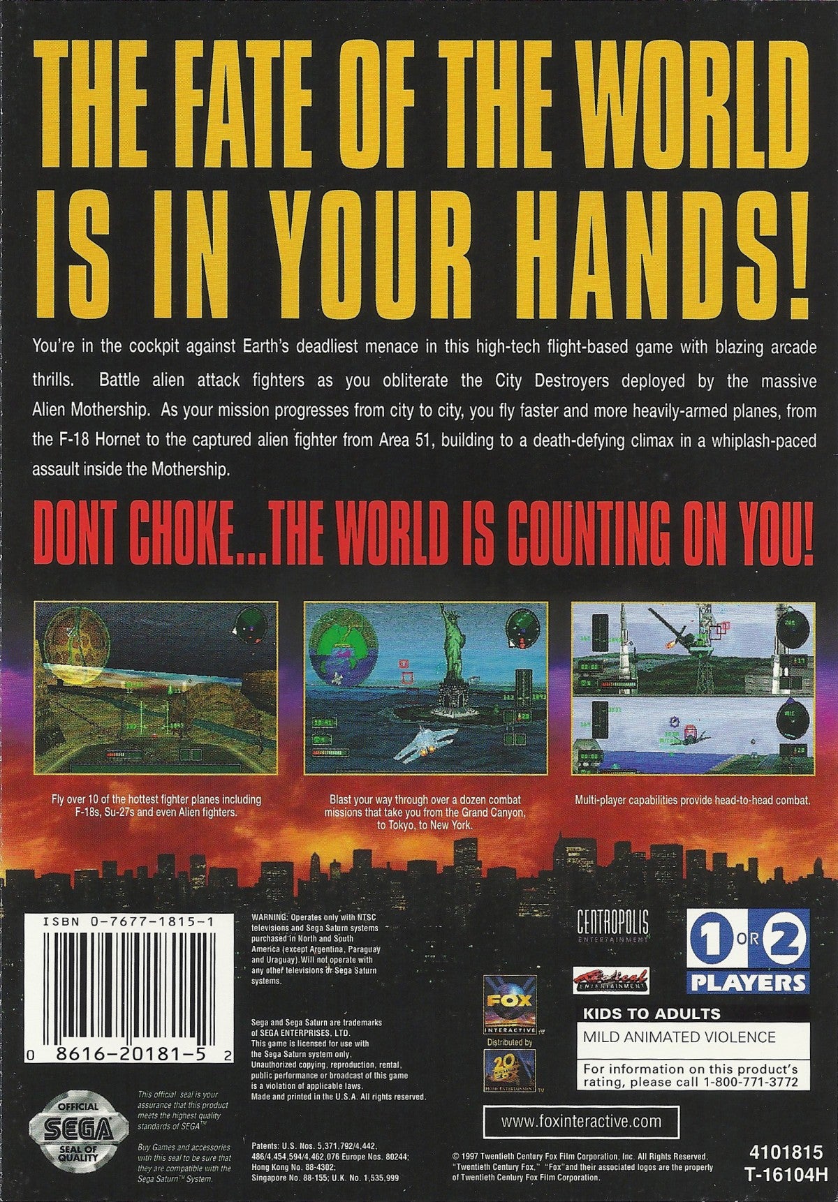 Independence Day Sega Saturn for retro video game enthusiasts featuring action shooter gameplay alien invasion battles fast paced combat mission based objectives sci fi adventure inspired by the blockbuster film and collectible gaming appeal back cover
