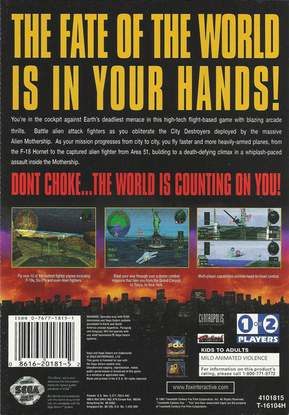 Independence Day Sega Saturn for retro video game enthusiasts featuring action shooter gameplay alien invasion battles fast paced combat mission based objectives sci fi adventure inspired by the blockbuster film and collectible gaming appeal back cover