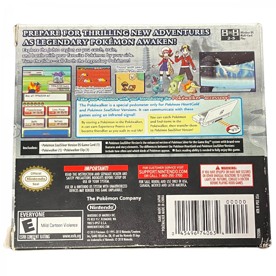 Pokémon SoulSilver Version Pokéwalker Bundle Nintendo DS DS video game featuring Pokémon role playing gameplay Johto region adventure Pokémon catching training and battling classic Pokémon characters rival battles gym leader challenges legendary Pokémon exploration Pokéwalker pedometer accessory walking based gameplay wireless connectivity and collectible bundle edition retro Nintendo handheld gaming collection collectible gaming appeal box art