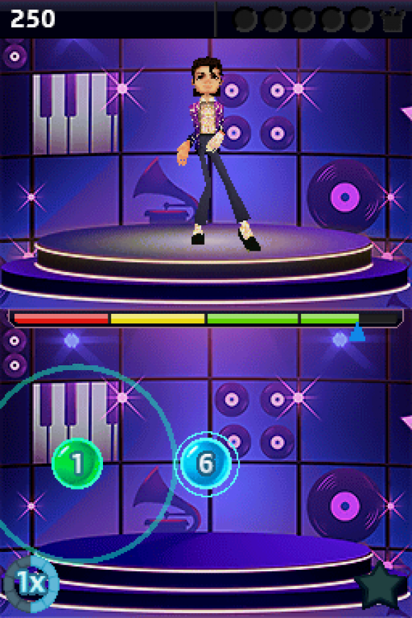 Michael Jackson The Experience for Nintendo DS (DS), gameplay for a retro video game featuring rhythm-based gameplay, music performance challenges, dance mechanics, iconic song tracks, and interactive pop music action