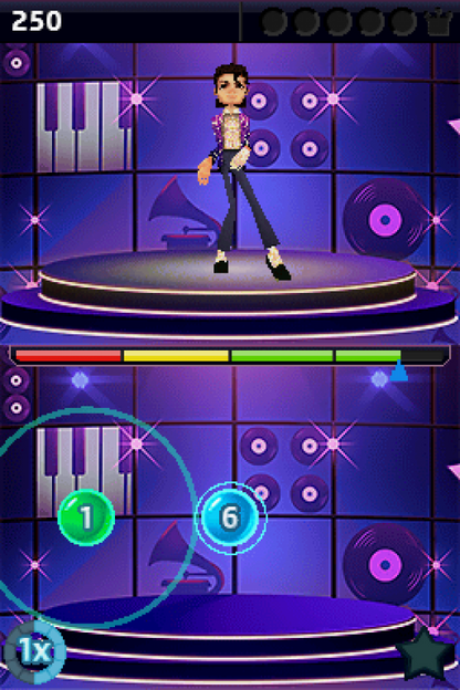 Michael Jackson The Experience for Nintendo DS (DS), gameplay for a retro video game featuring rhythm-based gameplay, music performance challenges, dance mechanics, iconic song tracks, and interactive pop music action