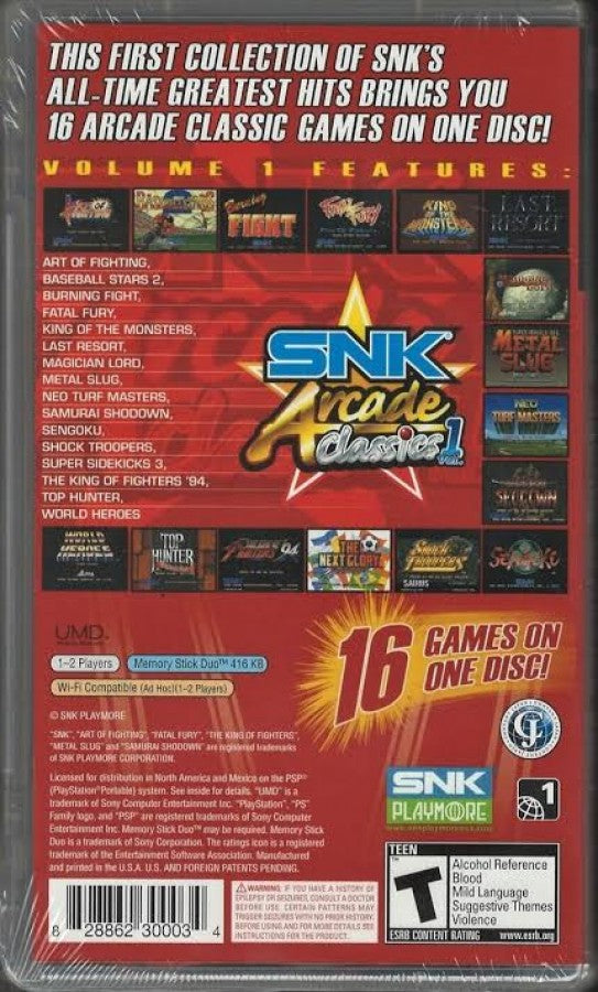 SNK Arcade Classics Volume 1 PlayStation Portable PSP inspired design featuring classic arcade game compilation aesthetic iconic SNK fighting and action titles including retro arcade gameplay collection Metal Slug King of Fighters Samurai Shodown Fatal Fury puzzle and shooter classics portable handheld gaming anthology presentation back cover