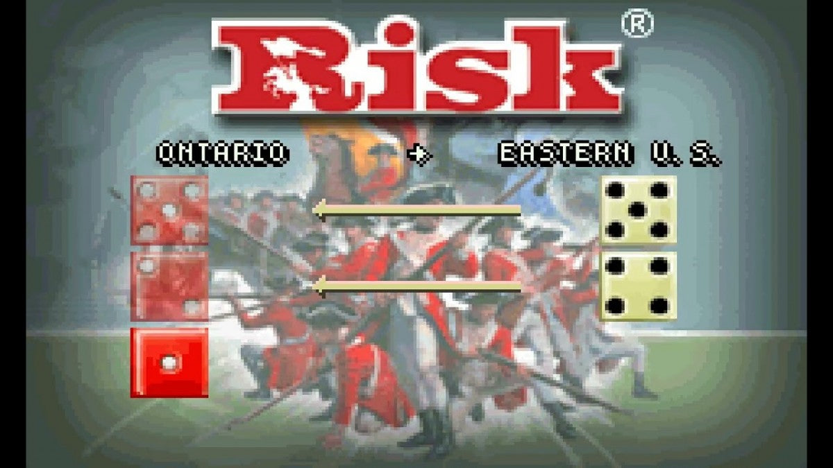 Risk Battleship Clue Game Boy Advance GBA compilation cartridge board game video game adaptation world conquest strategy naval combat whodunnit mystery solving puzzle mini-games Hasbro Risk gameplay screenshot 