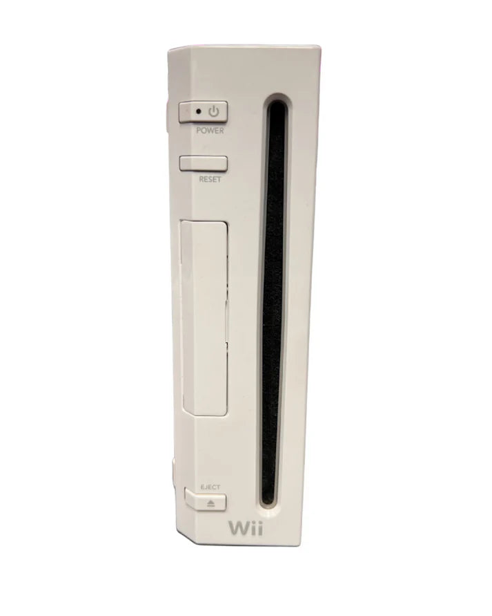 Direct front view of a white Nintendo Wii console showing vertical disc slot, power button, and eject button