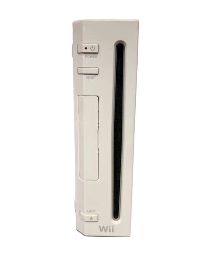 Direct front view of a white Nintendo Wii console showing vertical disc slot, power button, and eject button