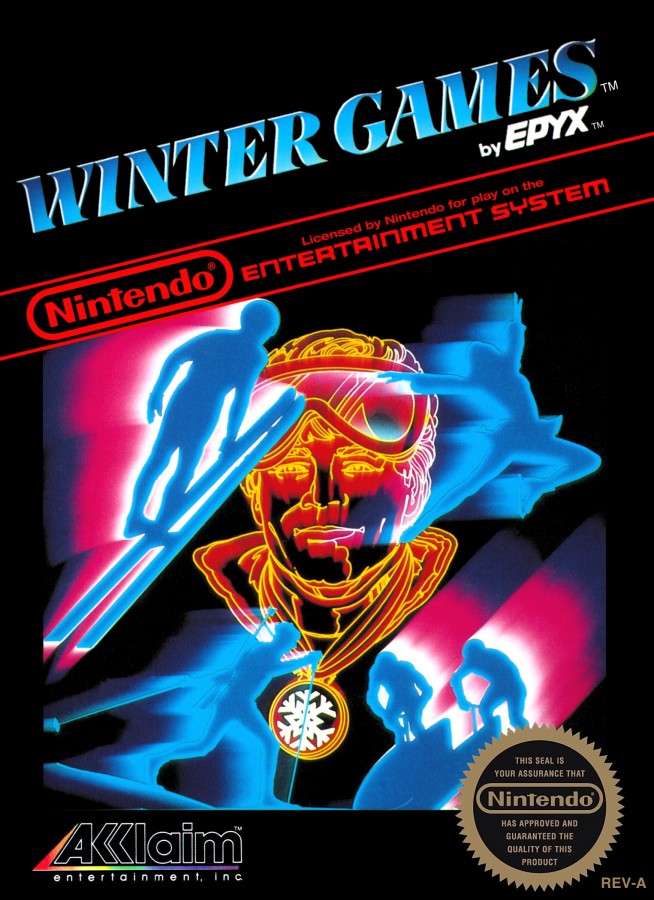 Winter Games cartridge for the Nintendo Entertainment System featuring 8 bit winter sports action including skiing skating bobsledding and snowboarding events with single and multiplayer competition front cover