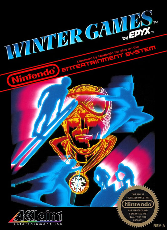 Winter Games cartridge for the Nintendo Entertainment System featuring 8 bit winter sports action including skiing skating bobsledding and snowboarding events with single and multiplayer competition front cover