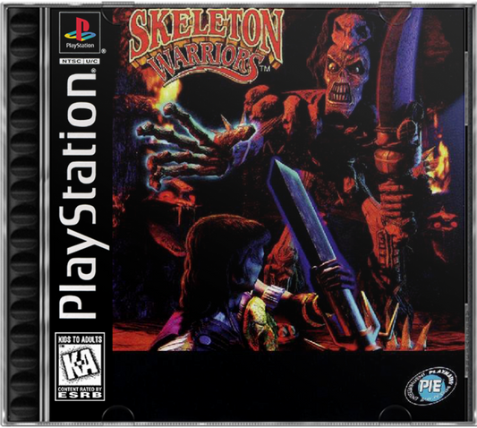 Skeleton Warriors PlayStation PS1 for action platforming video game fans featuring side scrolling combat fantasy adventure gameplay sword fighting supernatural enemies dark medieval environments challenging levels magical abilities animated visuals and classic PlayStation action adventure collectible gaming appeal cover art