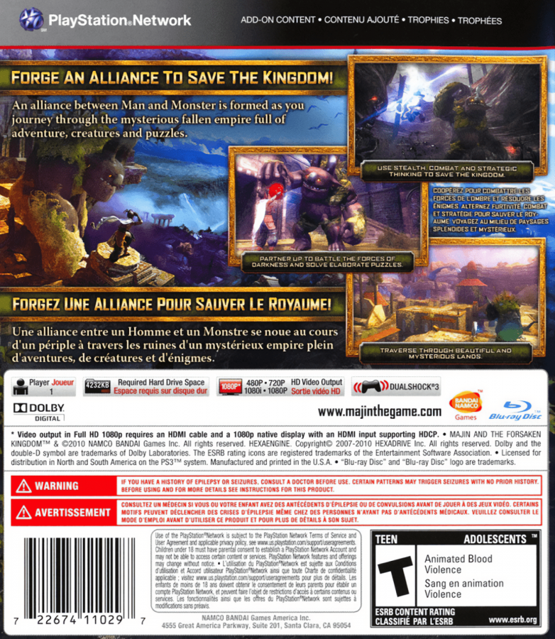 Majin and the Forsaken Kingdom back cover art for PlayStation 3 (PS3) video game