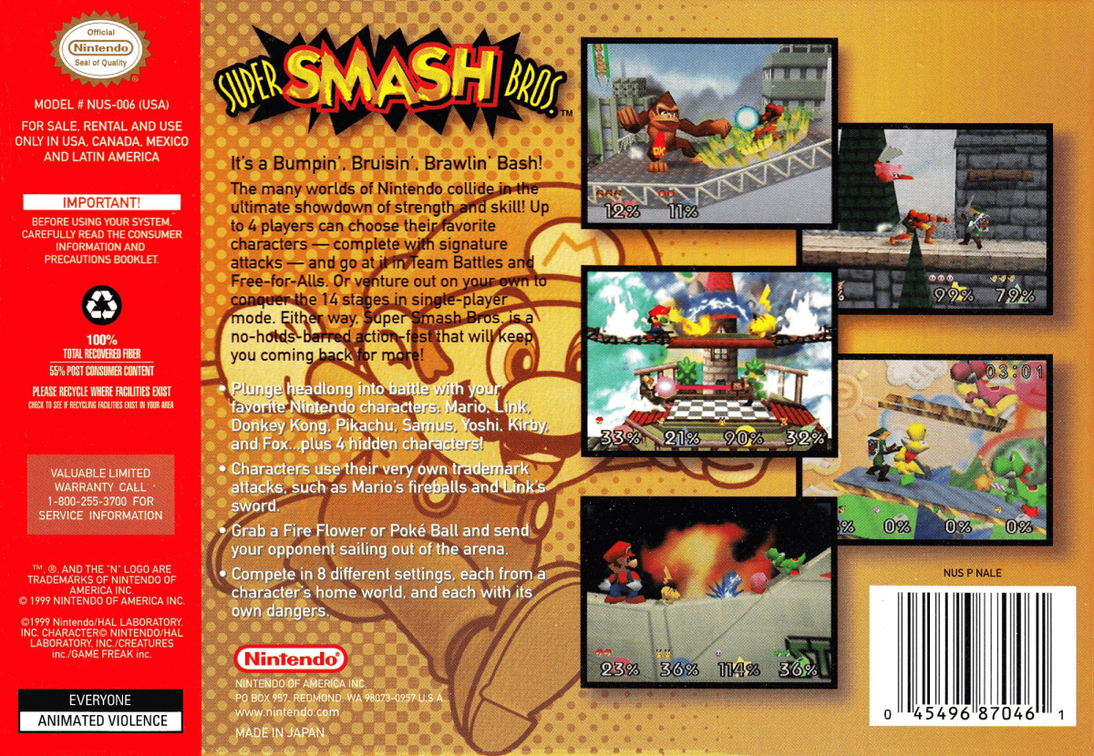 Super Smash Bros. back cover art for Nintendo 64 (N64) video game