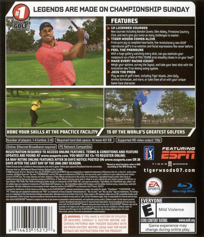 Tiger Woods PGA Tour 07 PlayStation 3 golf simulation video game UCAP lifelike player models Sixaxis motion control for ball spin expanded career mode 12 championship courses 15 PGA and LPGA pros including Annika Sorenstam next-gen graphics online tournaments Battle Golf and One-Ball multiplayer modes back cover