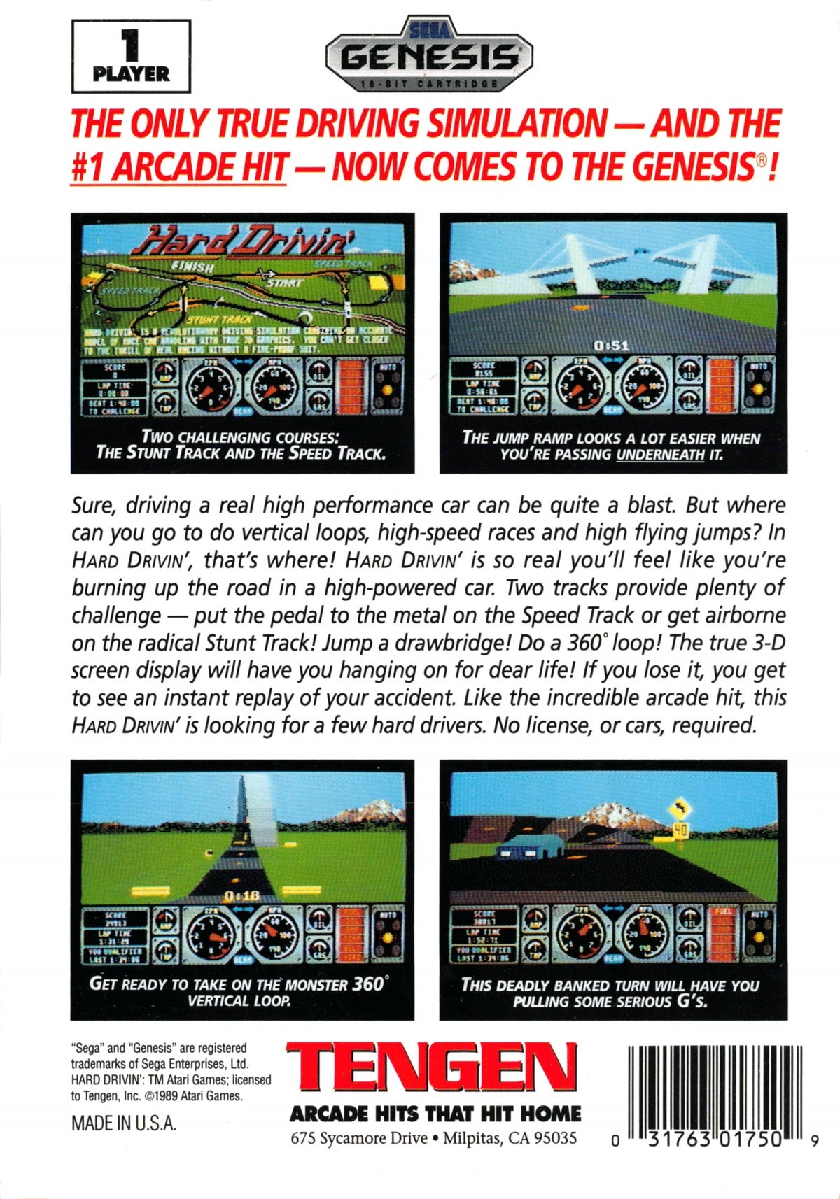 Hard Drivin Sega Genesis video game featuring early 3D racing simulation gameplay stunt tracks arcade style driving challenges and classic 16 bit Sega console retro racing title back cover