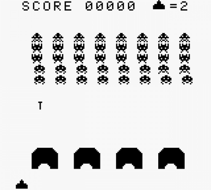 Space Invaders for Game Boy, gameplay for an arcade shooter video game with alien invasion gameplay, wave-based enemies, score challenges, and classic retro action