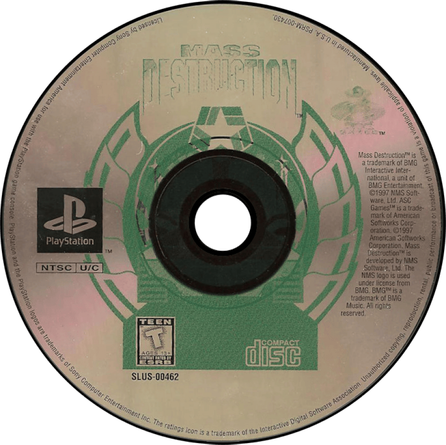 Mass Destruction game for the PlayStation featuring vehicular combat gameplay with tank based missions destructible environments objective driven levels and arcade style action across military themed battlefields disc