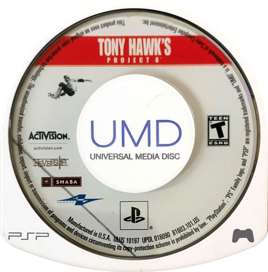 Tony Hawk's Project 8 PlayStation Portable PSP disc for retro video game enthusiasts featuring skateboarding action gameplay realistic trick based mechanics open city skate environments career mode challenges combo scoring systems extreme sports presentation and portable handheld arcade style gaming experience and collectible gaming appeal