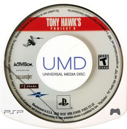 Tony Hawk's Project 8 PlayStation Portable PSP disc for retro video game enthusiasts featuring skateboarding action gameplay realistic trick based mechanics open city skate environments career mode challenges combo scoring systems extreme sports presentation and portable handheld arcade style gaming experience and collectible gaming appeal