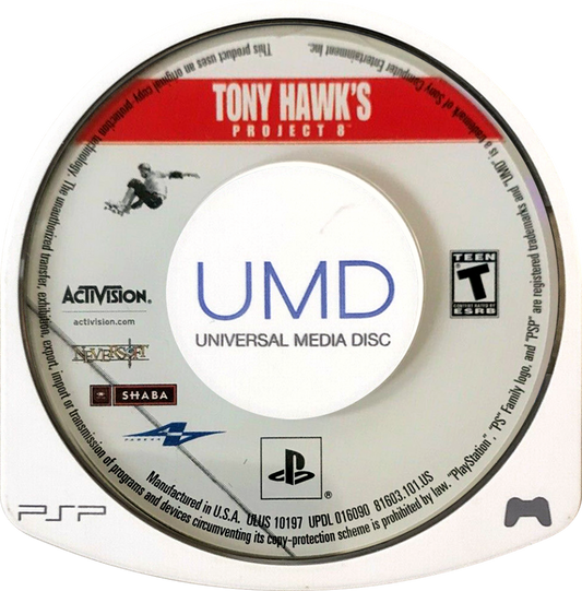 Tony Hawk's Project 8 PlayStation Portable PSP disc for retro video game enthusiasts featuring skateboarding action gameplay realistic trick based mechanics open city skate environments career mode challenges combo scoring systems extreme sports presentation and portable handheld arcade style gaming experience and collectible gaming appeal