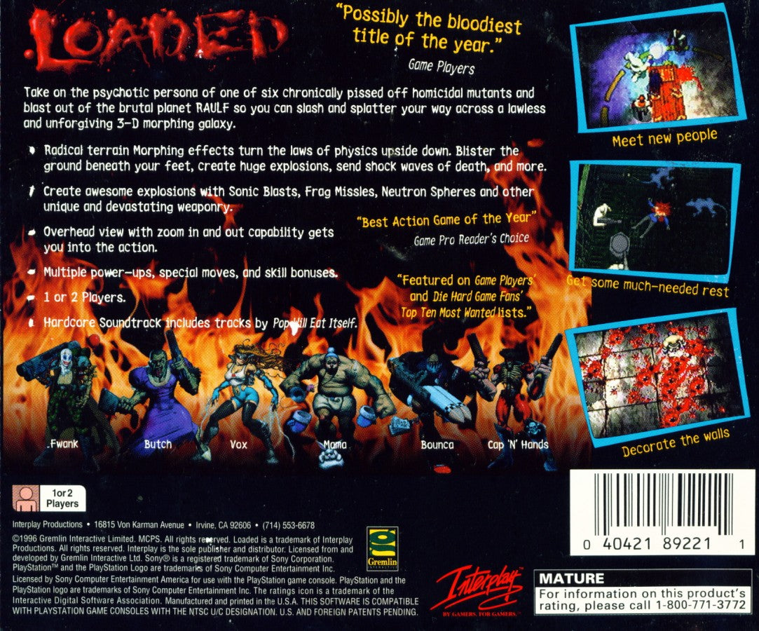 Loaded PS1 PlayStation 1 top down shooter action game multiplayer combat dark humor arcade style gameplay retro video game back of case Greatest Hits edition