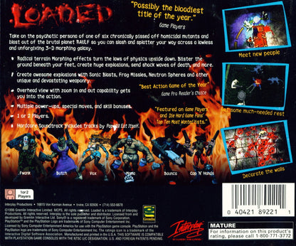 Loaded PS1 PlayStation 1 top down shooter action game multiplayer combat dark humor arcade style gameplay retro video game back of case Greatest Hits edition