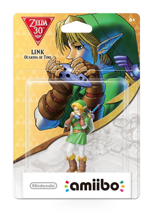 Link Amiibo Ocarina of Time The Legend of Zelda 30th Anniversary Nintendo Amiibo sealed collectible figure featuring Link from The Legend of Zelda Ocarina of Time detailed character design classic Zelda styling NFC functionality compatible Nintendo games sealed packaging Amiibo collection display collectible and gaming accessory appeal