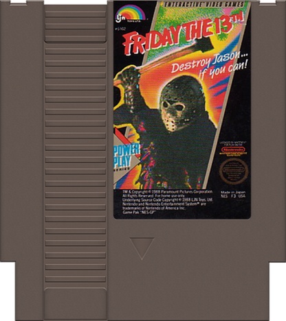 Friday the 13th cartridge for the Nintendo Entertainment System featuring 8 bit survival horror action with camp counselors battling Jason across Camp Crystal Lake with exploration and item based gameplay cartridge