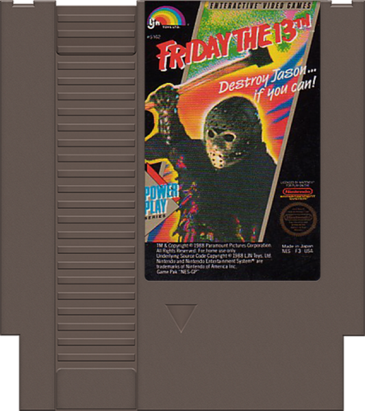 Friday the 13th cartridge for the Nintendo Entertainment System featuring 8 bit survival horror action with camp counselors battling Jason across Camp Crystal Lake with exploration and item based gameplay cartridge