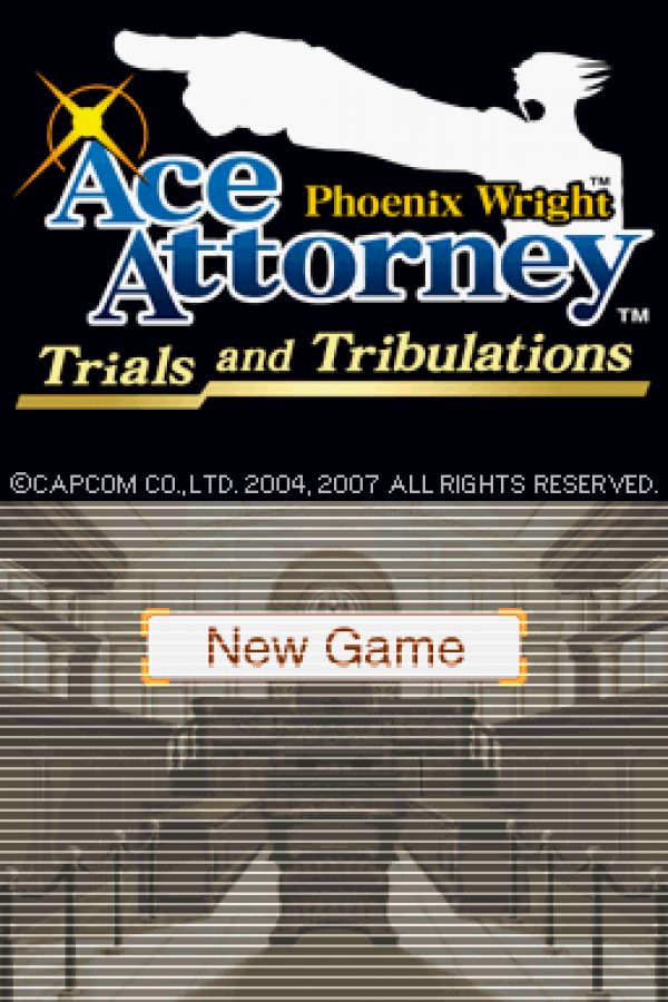 Phoenix Wright: Ace Attorney – Trials and Tribulations start screen for Nintendo DS (DS) courtroom visual novel adventure video game