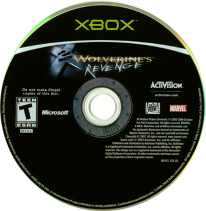 X2 Wolverine's Revenge disc art for XBOX action adventure video game.  