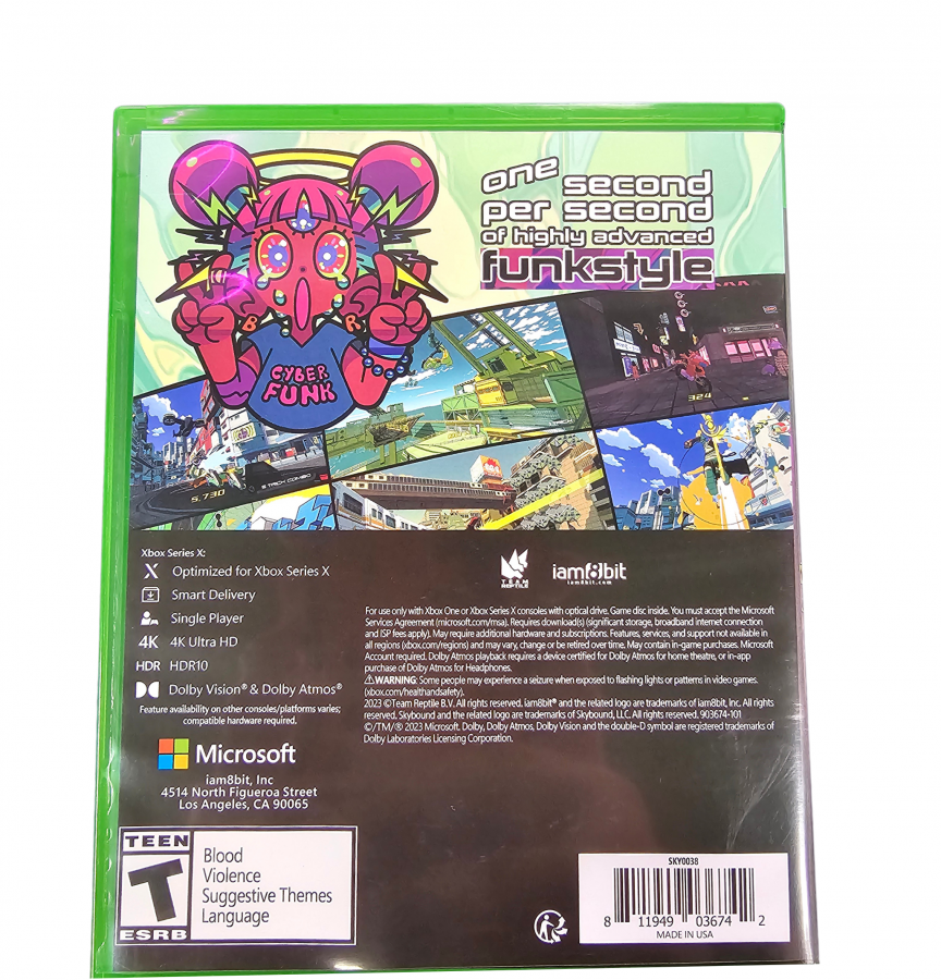 Bomb Rush Cyberfunk Xbox Series X for action sports video game fans featuring graffiti tagging inline skating BMX biking skateboarding street exploration futuristic city environments stylish cel shaded visuals tricks challenges music and high energy urban gameplay collectible gaming appeal back