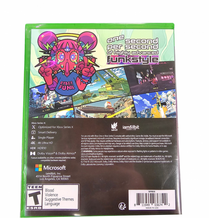 Bomb Rush Cyberfunk Xbox Series X for action sports video game fans featuring graffiti tagging inline skating BMX biking skateboarding street exploration futuristic city environments stylish cel shaded visuals tricks challenges music and high energy urban gameplay collectible gaming appeal back