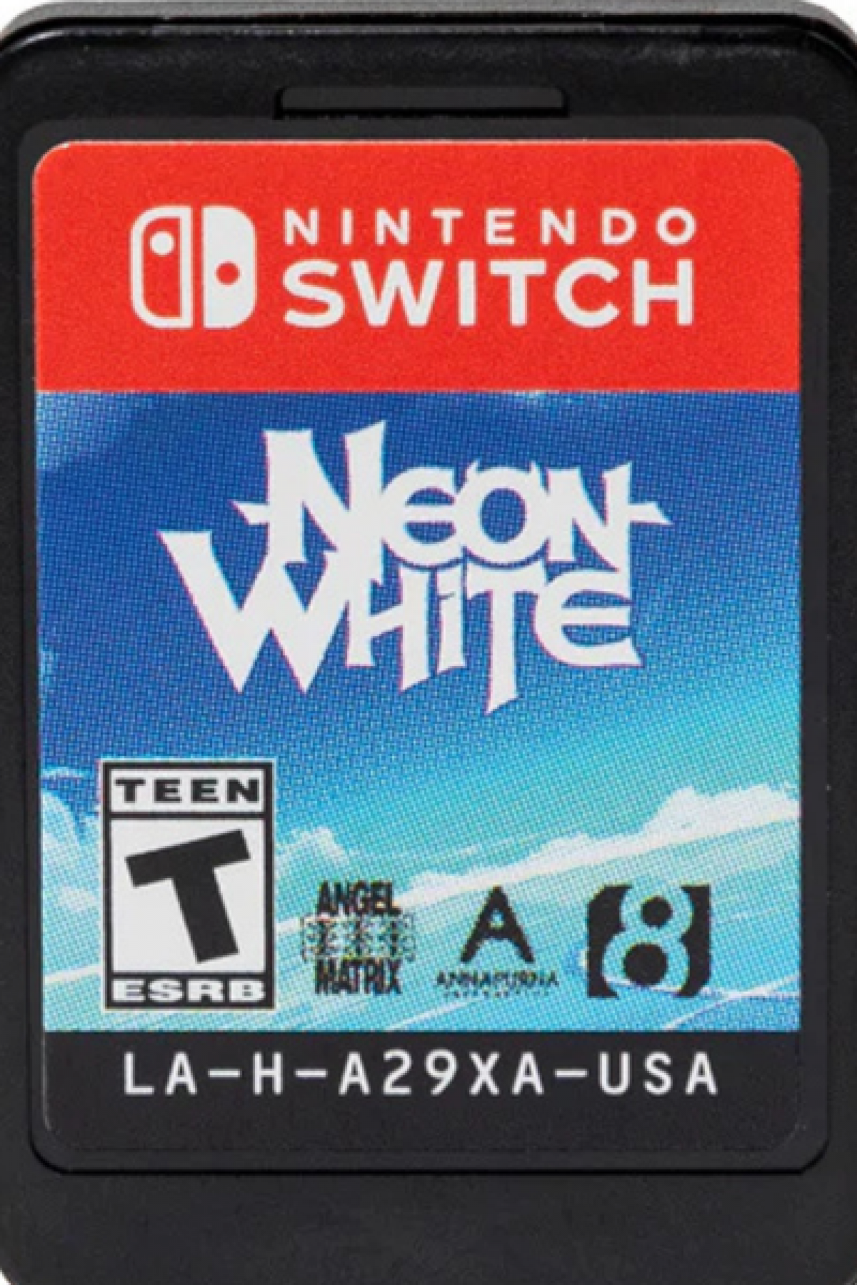 Neon White Nintendo Switch inspired design featuring fast paced first person action platformer aesthetic speedrunning challenges stylish card based abilities heavenly urban environments precision movement competitive gameplay and anime inspired storytelling cartridge