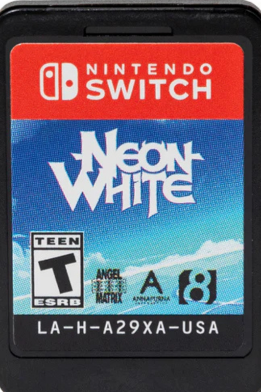 Neon White Nintendo Switch inspired design featuring fast paced first person action platformer aesthetic speedrunning challenges stylish card based abilities heavenly urban environments precision movement competitive gameplay and anime inspired storytelling cartridge