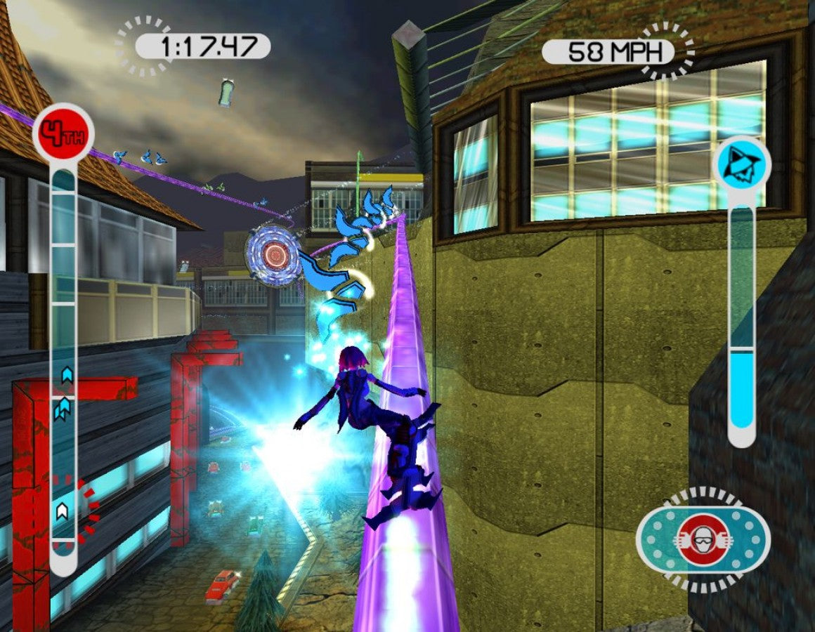 EyeToy: AntiGrav gameplay for PlayStation 2 (PS2) motion-controlled futuristic hover-racing action video game